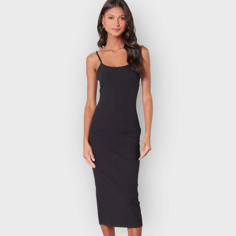 Womens L Black Ribbed Knit Midi Dress Scoop Neck Sleeveless Bodycon Quiet Luxury